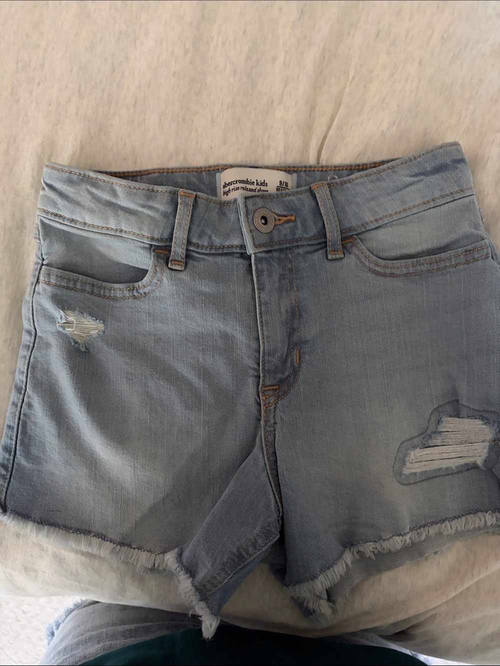 abercrombie kids faded light blue distressed denim shorts